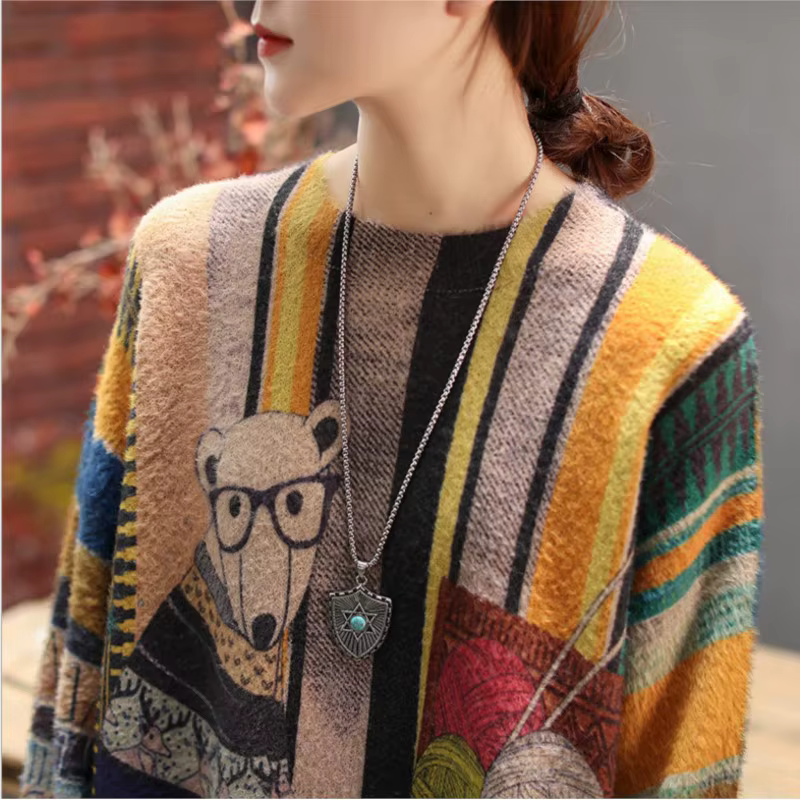 Pull-over ample en tricot pour femme, collection Printemps-Automne 2019, nouveau modèle, col rond, imprimé motif, décontracté et polyvalent