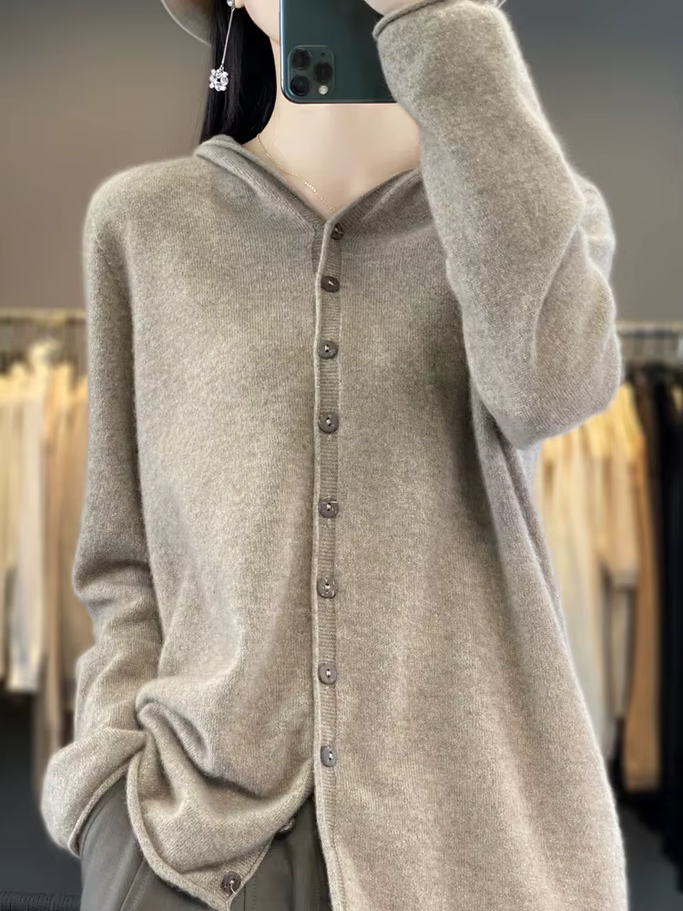 Nouveau Cardigan Femme 100% Laine Mérinos à Capuche Tricoté Couleur Unie Automne Hiver Simple Boutonnage Vêtement Doux pour la Peau