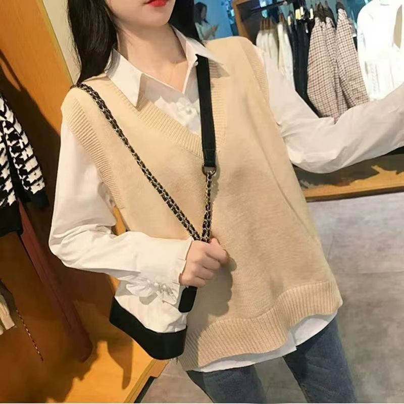Gilet pull sans manches pour femme, couleur unie, coupe ample, col en V, gilet tricoté, idéal pour l'automne et l'hiver, vêtement de base décontracté, gilet en tricot.