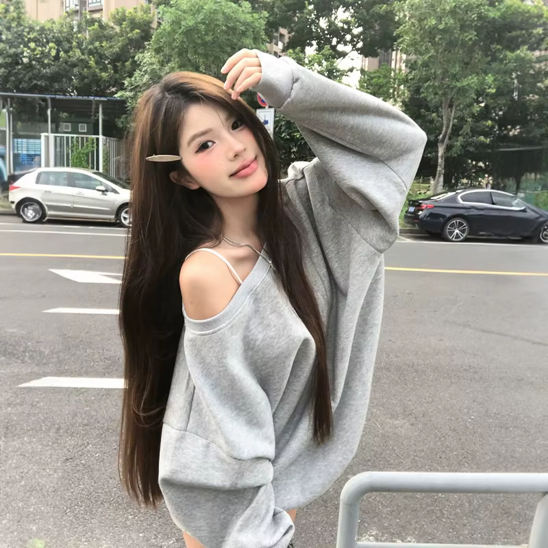 Sweat-shirt à épaules dénudées pour femme, ample, minimaliste, amincissant, tempérament paresseux, une épaule, manches rondes, tendance, printemps automne