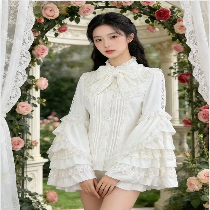 Blouses Vintage Style Lolita 2026 Blusas Mujer De Moda Chemises Japonaises à Nœud Col Montant Manches Évasées Tunique Blouse Gothique Douce