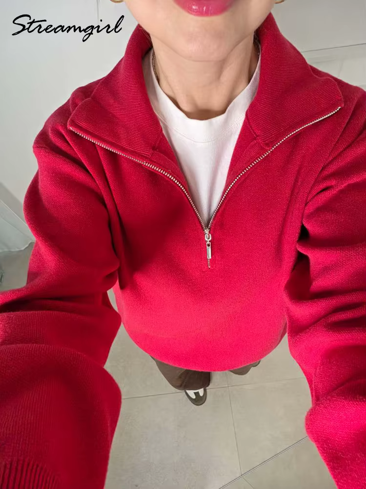 Pull-over zippé d'hiver pour femme, chaud, oversize, col roulé, pulls d'automne en maille marron, pulls rouges zippés pour femme, épais