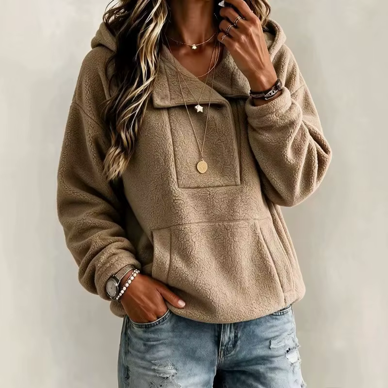 Sweat à capuche en polaire pour femme, pull uni à demi-boutons, manches longues, sweat chaud d'hiver