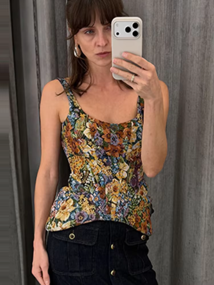 Top Corset Chic à Imprimé Floral, Bretelles Fines, Col en U, Taille Structurée, Ourlet Pointu, Style Vintage, Collection Printemps-Été 2026, Idéal pour les Vacances