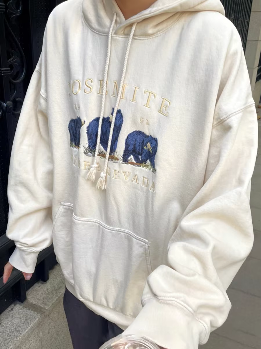 Sweats à capuche brodés trois ours pour femmes, poches à capuche vintage, sweat-shirt côtelé à manches longues, sweat à capuche femme mignon, sweat à capuche chic Y2K, printemps 2023