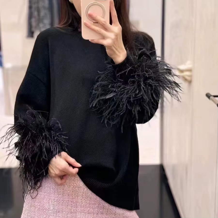Pull noir en plumes d'autruche pour femme, manches longues, col rond, tricoté, doux, haut d'automne