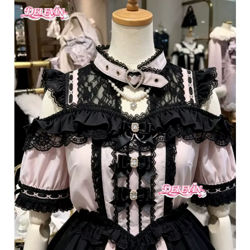 Chemisier Lolita pour femmes Liz Japanese Mine Series Sweet Girls, à épaules dénudées, en dentelle, nouvelle collection été, manches longues ou courtes