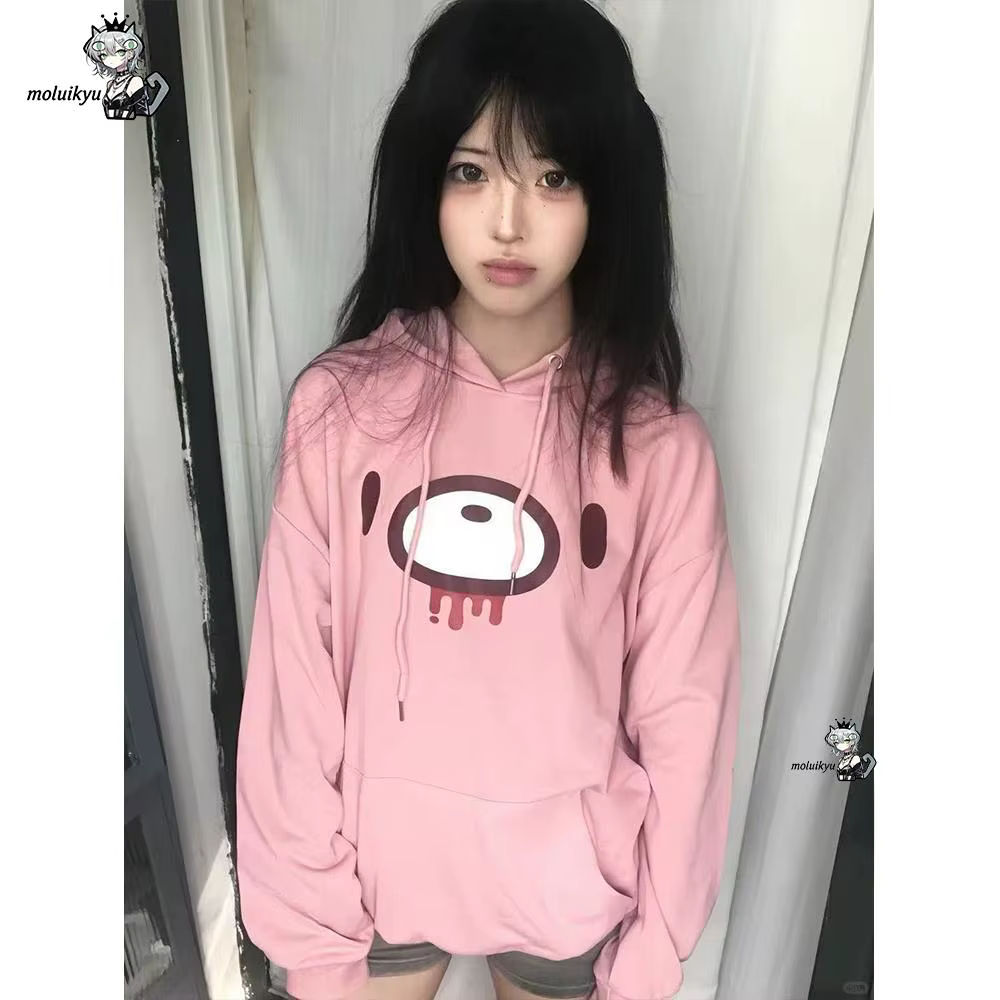 Sweat-shirt à capuche pour femme, motif Ours triste de dessin animé, style Y2K Gothique Harajuku, coupe oversize, à manches longues avec poches, streetwear décontracté