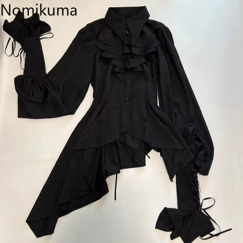 Chemisiers japonais De Style Lolita pour femmes, 2025 Blusas Mujer De Moad, coupe cintrée, manches évasées, chemises blanches, chemisier irrégulier Goth