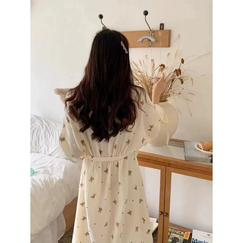 Femmes Robe de bain dessin animé mignon ours imprimé peignoir chemise de nuit Cardigan à manches longues chemise de nuit grande taille vêtements de détente chemise de nuit Ro