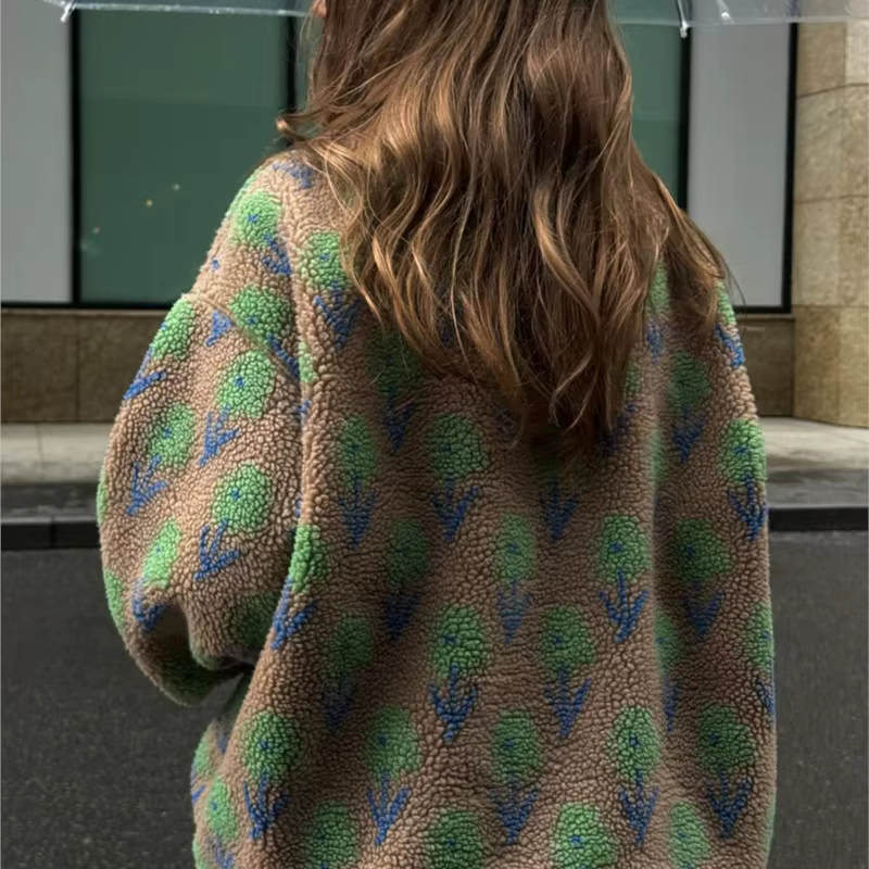 Sweat-shirt en polaire pour femme, demi-zip, jacquard floral, col montant, coupe ample, chaud, hiver, sherpa, pull à manches longues, décontracté