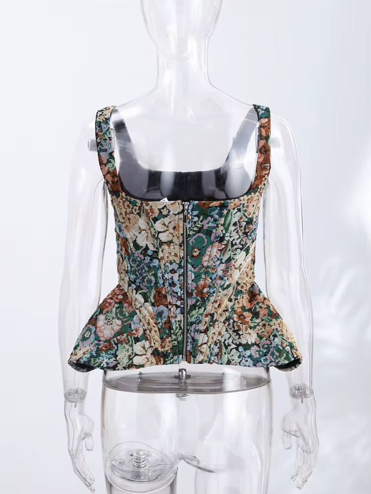 Top Corset Chic à Imprimé Floral, Bretelles Fines, Col en U, Taille Structurée, Ourlet Pointu, Style Vintage, Collection Printemps-Été 2026, Idéal pour les Vacances