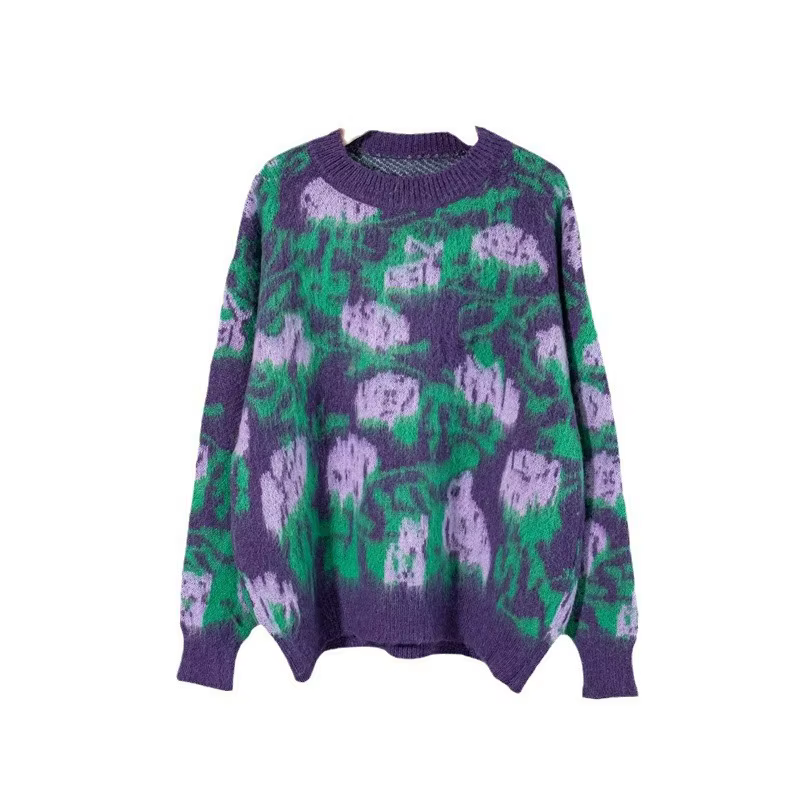 Pull d'extérieur ample pour femme, automne et hiver, Rose violette, rétro, col rond, paresseux, tricoté, nouvelle collection 2025