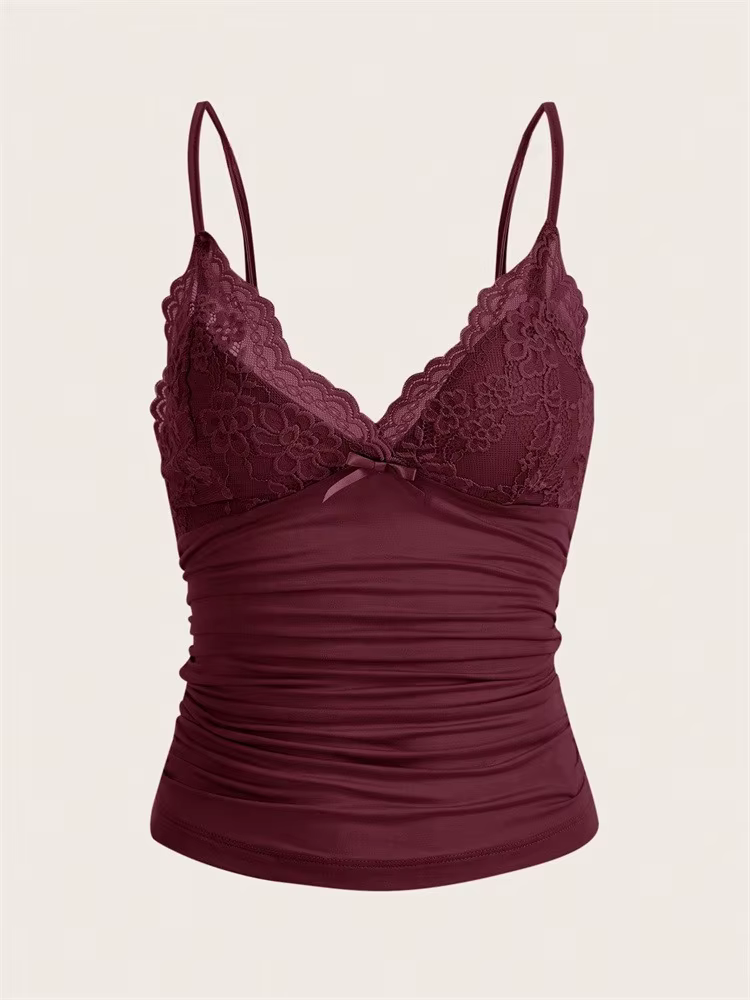 Haut court sexy en dentelle contrastante avec nœud sur le devant pour femme, collection été 2024, style grunge punk Y2K, t-shirt froncé moulant dos nu