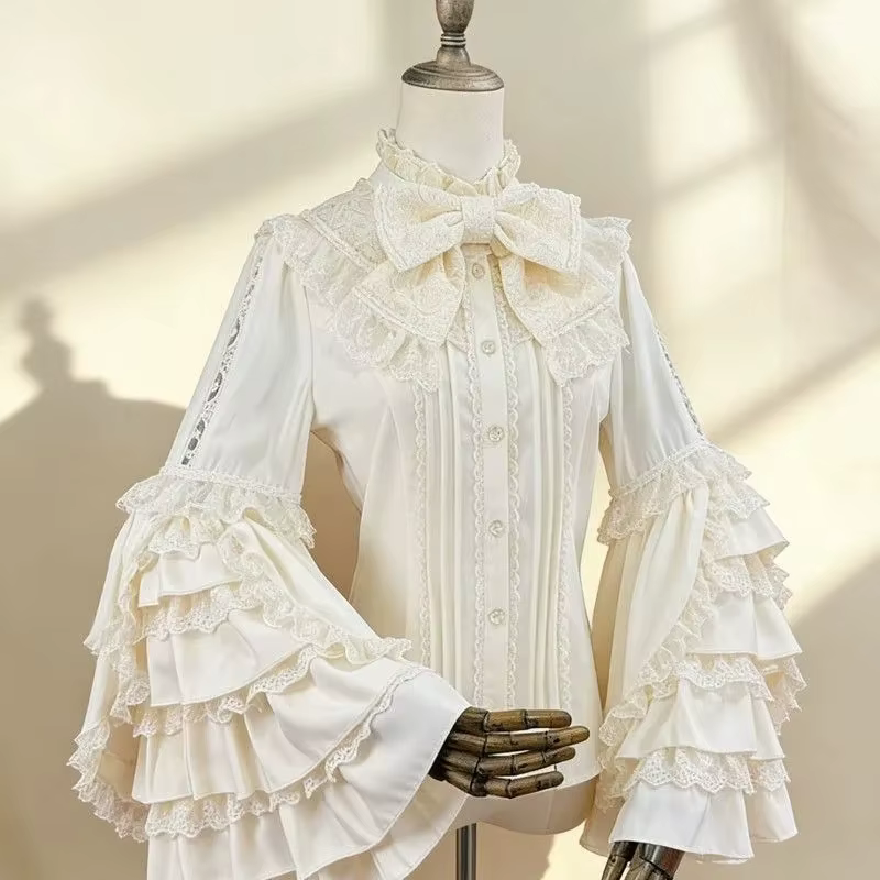 Blouses Vintage Style Lolita 2026 Blusas Mujer De Moda Chemises Japonaises à Nœud Col Montant Manches Évasées Tunique Blouse Gothique Douce