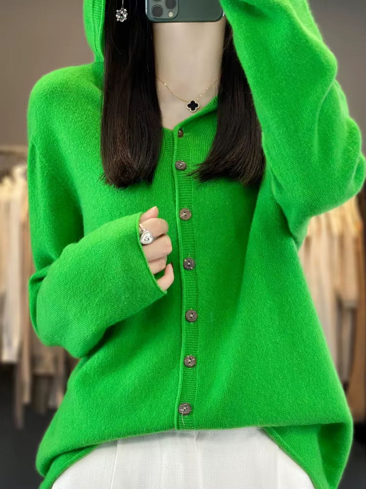 Nouveau Cardigan Femme 100% Laine Mérinos à Capuche Tricoté Couleur Unie Automne Hiver Simple Boutonnage Vêtement Doux pour la Peau