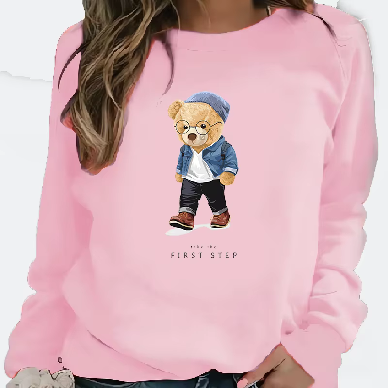 Sweat à capuche à col rond imprimé ours pour femmes, Streetwear décontracté à la mode, haut de Style européen et américain