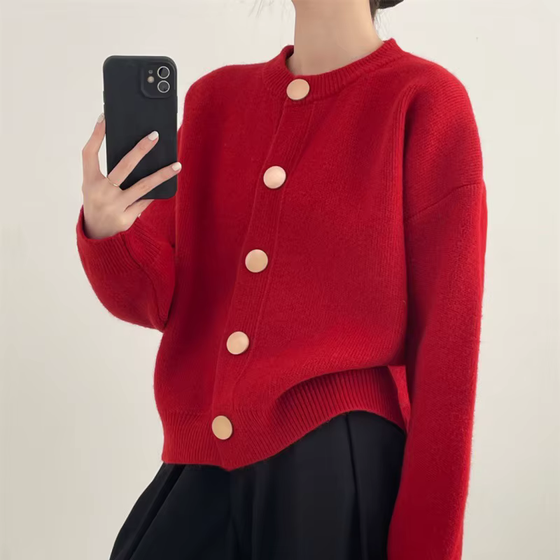 Pull pour femme, idéal pour l’automne et l’hiver, à boutons, de couleur unie, pull en tricot pour étudiantes, cardigan ample pour femme, haut à col rond.